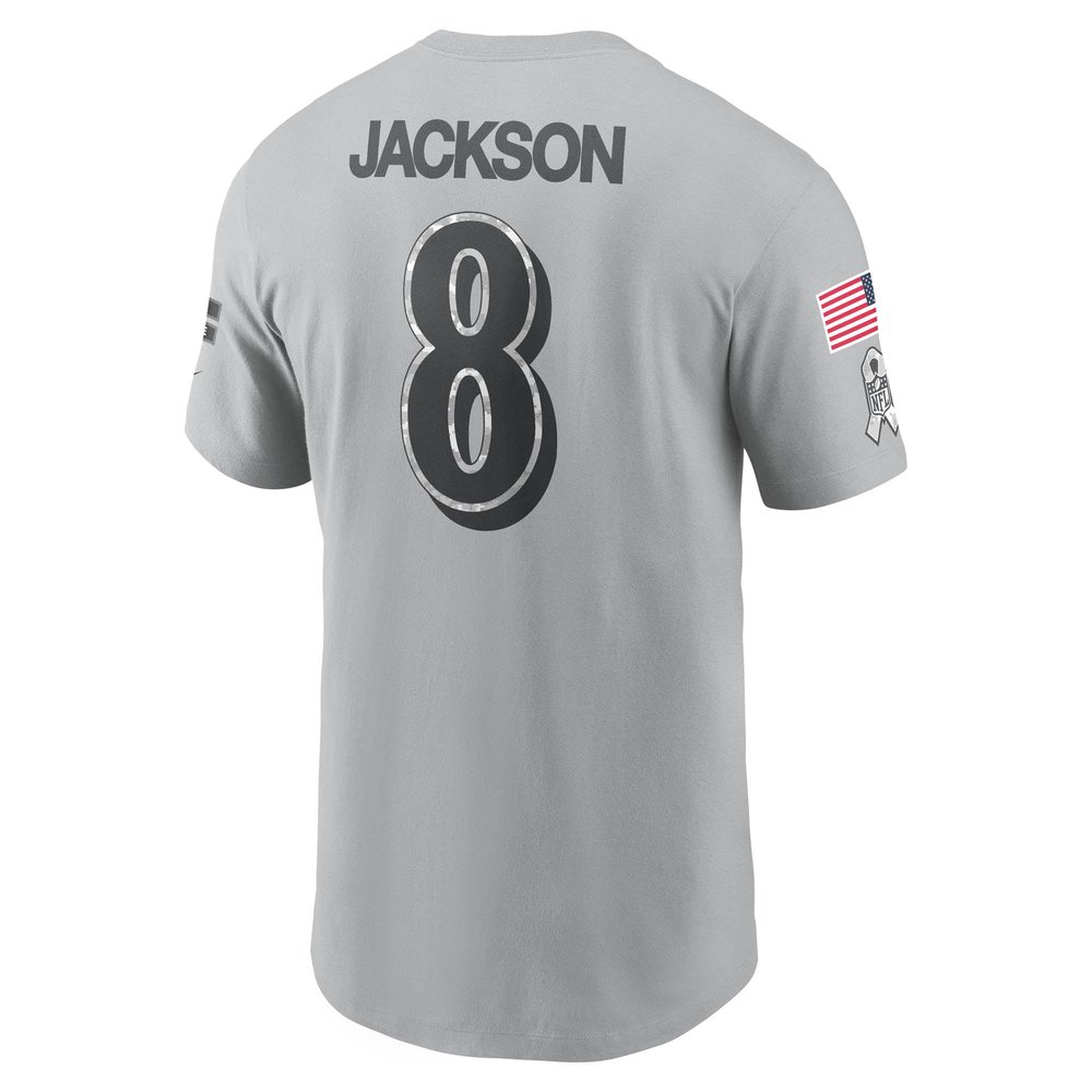 Men's Baltimore Ravens Lamar Jackson Gray 2024 Salute To Service Name & Number T-Shirt