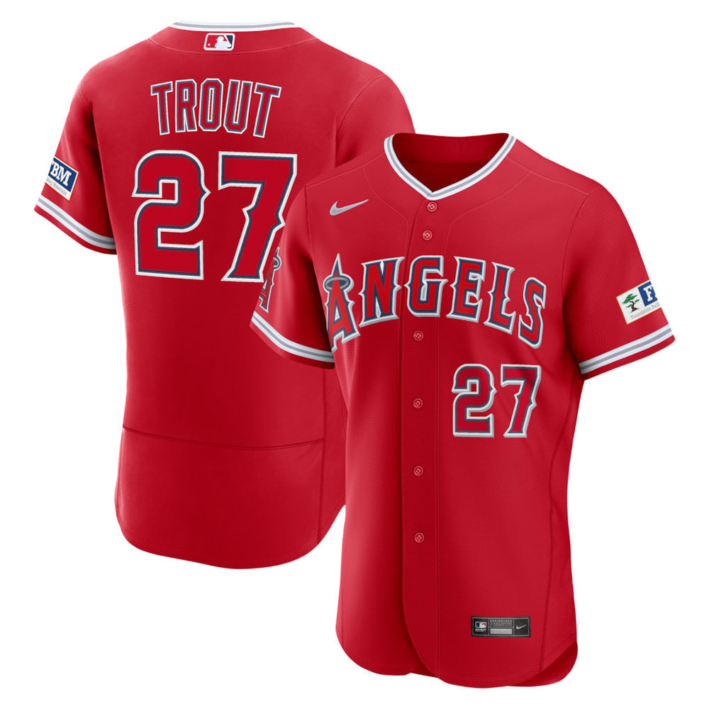 Men's Los Angeles Angels #27 Mike Trout Nike Red Alternate Authentic Sponsor Patch Jersey