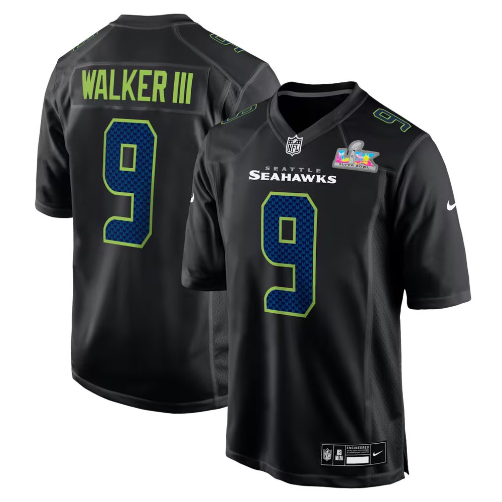 Men's Seattle Seahawks #9 Kenneth Walker III Black Super Bowl LX Patch Carbon Fashion Game Jersey Men's Seattle Seahawks #9 Kenneth Walker III Black Super Bowl LX Patch Carbon Fashion Game Jersey