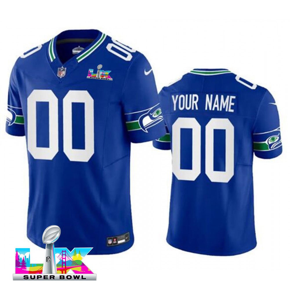 Men's Seattle Seahawks Custom Royal Super Bowl LX Vapor F.U.S.E. Vapor Limited Stitched Football Jersey