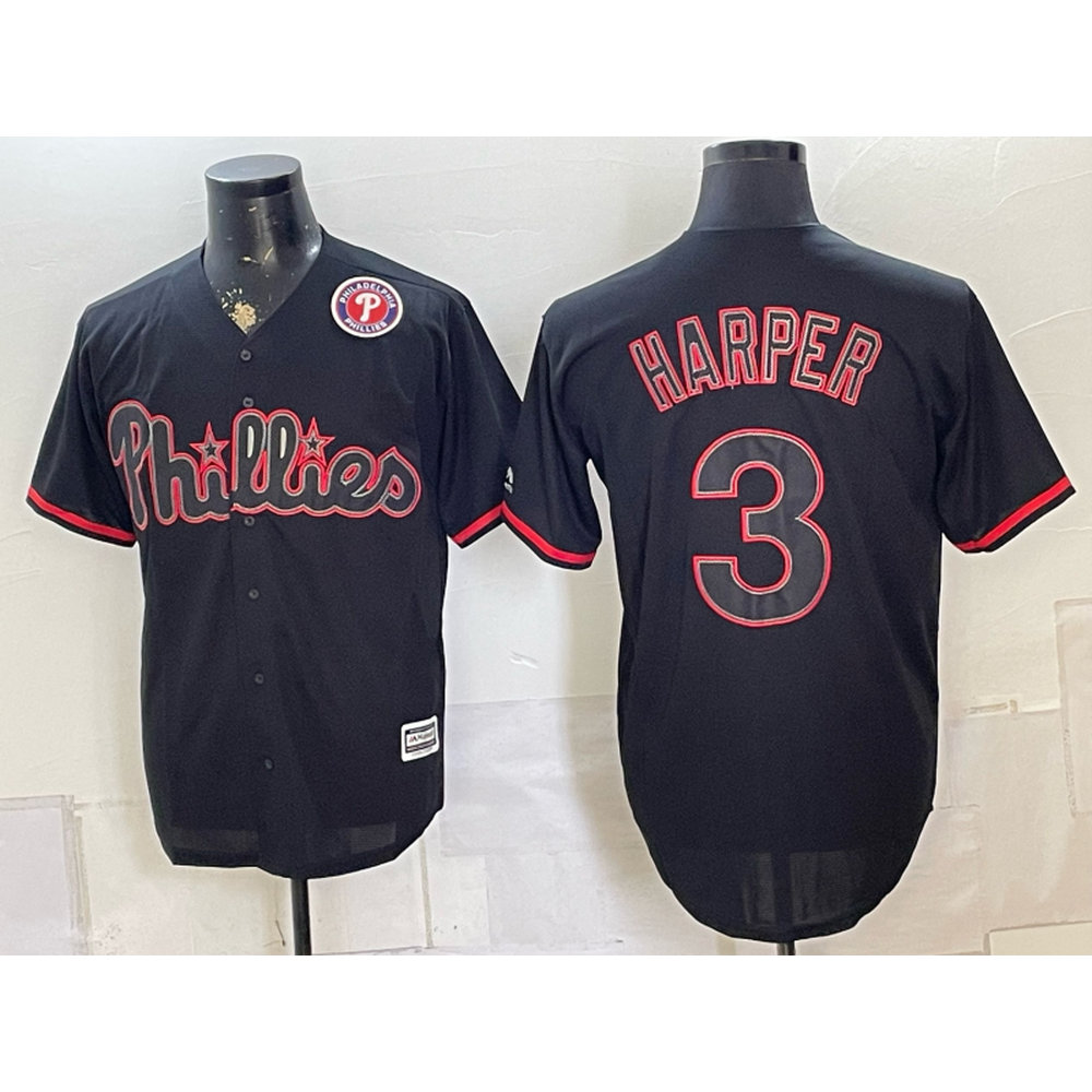 Men's Philadelphia Phillies #3 Bryce Harper Black Cool Base Stitched Baseball Jersey