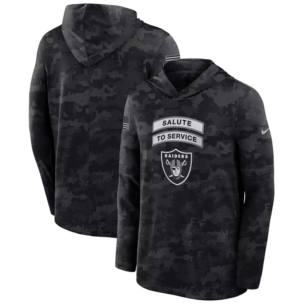 Men's Las Vegas Raiders Black 2026 Salute to Service Sideline Lightweight Dri-FIT Long Sleeve Top Hoodie Men's Las Vegas Raiders Black 2026 Salute to Service Sideline Lightweight Dri-FIT Long Sleeve Top Hoodie