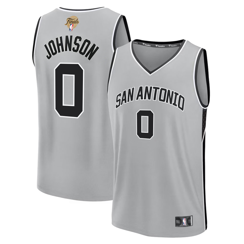 Men's San Antonio Spurs #0 Keldon Johnson Silver 2026 NBA Finals Patch Fast Break Statement Edition Jersey Men's San Antonio Spurs #0 Keldon Johnson Silver 2026 NBA Finals Patch Fast Break Statement Edition Jersey