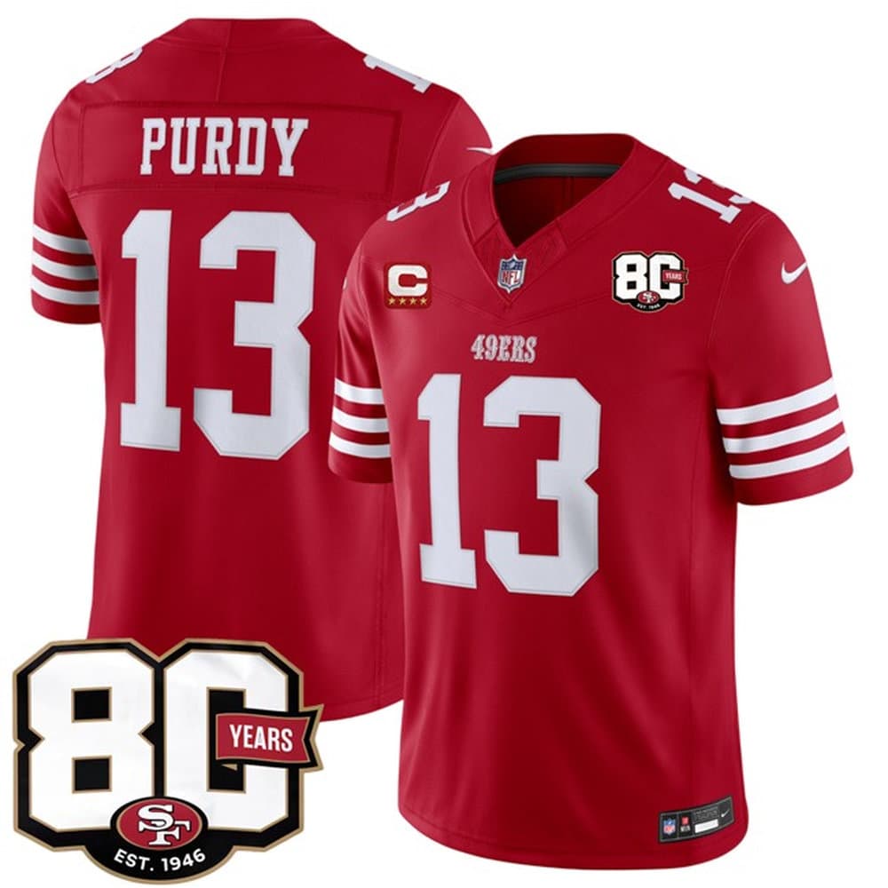 Men's San Francisco 49ers #13 Brock Purdy Red 2026 With 80th Anniversary & 4-Star C Patch Vapor F.U.S.E. Untouchabl Limited Jersey