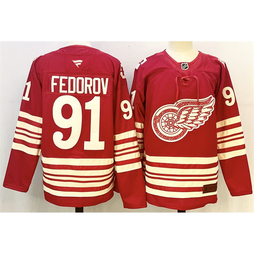Men's Detroit Red Wings #91 Sergei Fedorov Red 2025-26 Centennial Premium Stitched Hockey Premium Jersey