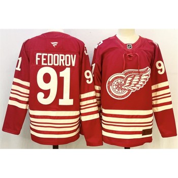 Men's Detroit Red Wings #91 Sergei Fedorov Red 2025-26 Centennial Premium Stitched Hockey Premium Jersey