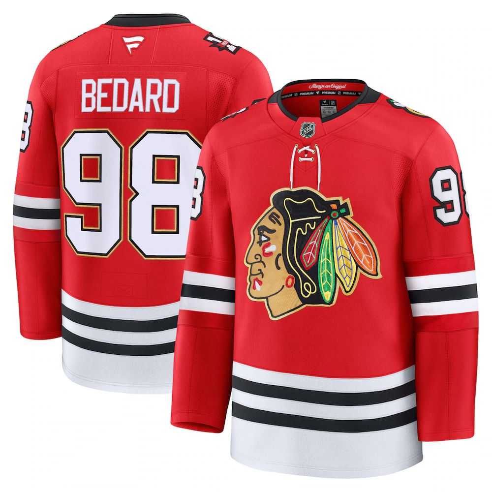 Men's Chicago Blackhawks #98 Connor Bedard Red Centennial Premium Player Jersey