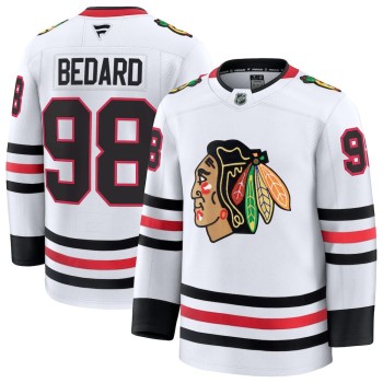 Men's Chicago Blackhawks #98 Connor Bedard White Away Premium Jersey Men's Chicago Blackhawks #98 Connor Bedard White Away Premium Jersey