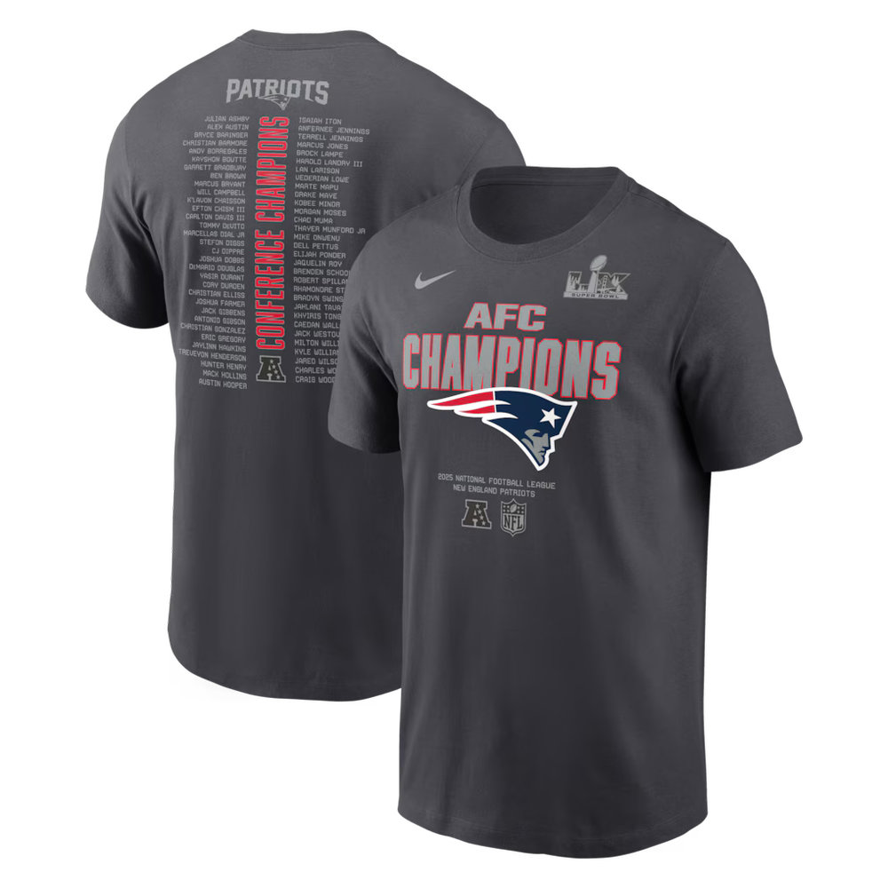 Men's New England Patriots Nike Anthracite 2025 AFC Champions Roster T-Shirt