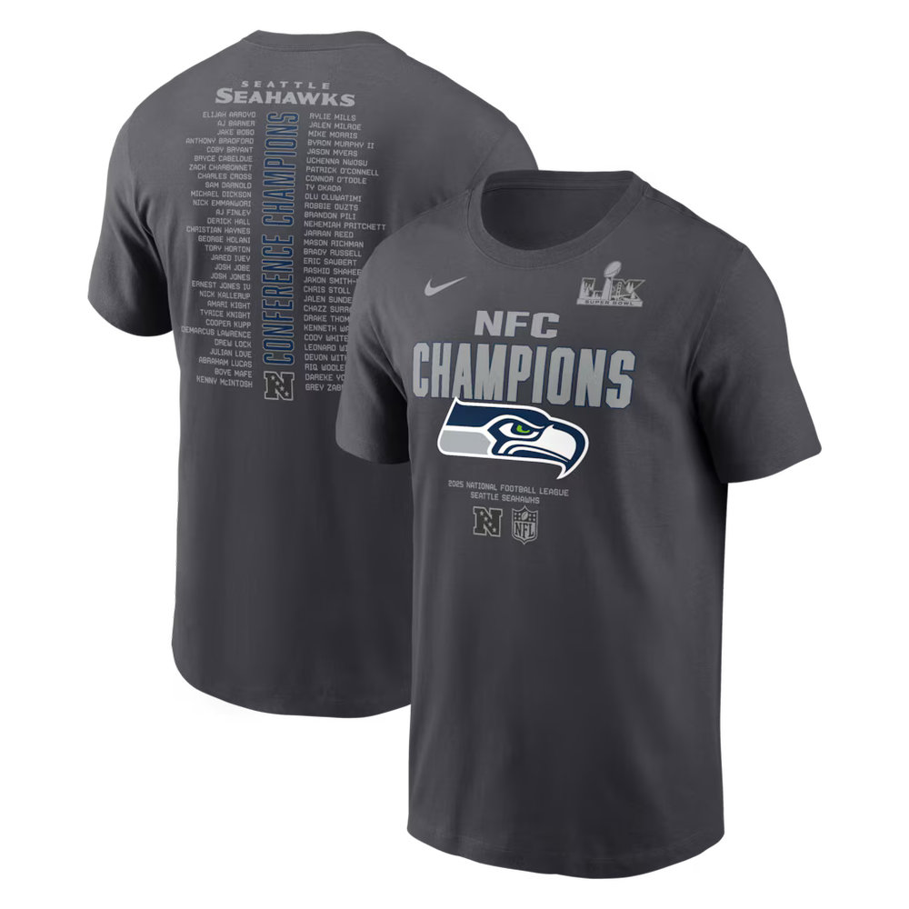 Men's Seattle Seahawks Nike Anthracite 2025 NFC Champions Roster T-Shirt
