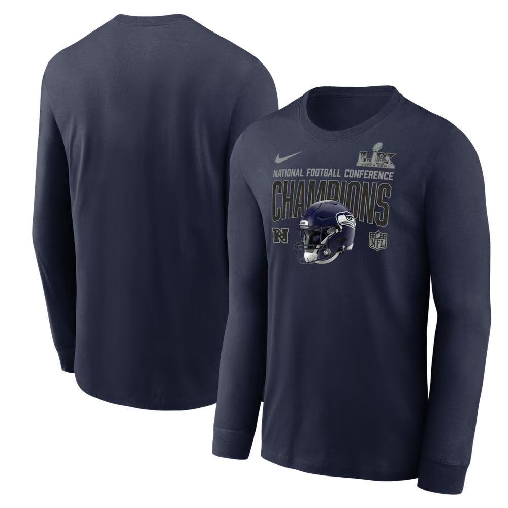 Men's Seattle Seahawks Nike College Navy 2025 NFC Champions Glory Shield Long Sleeve T-Shirt