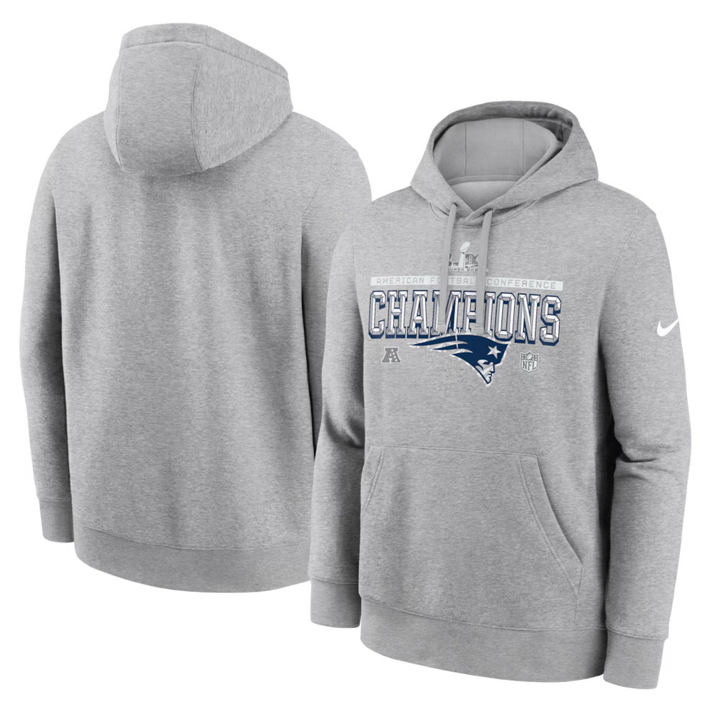 Men's New England Patriots Nike Heather Gray 2025 AFC Champions Locker Room Trophy Collection Hoodie