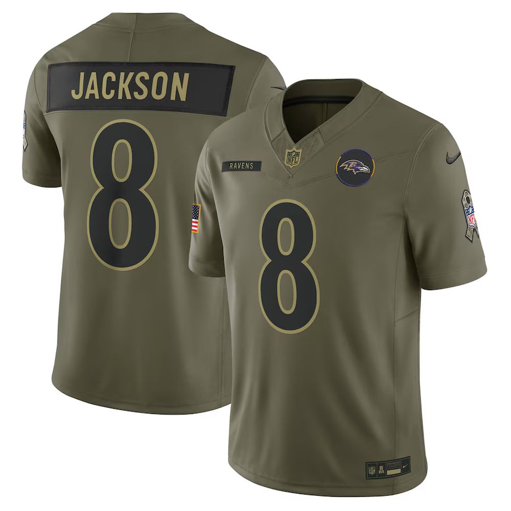 Men's Baltimore Ravens #8 Lamar Jackson Nike Olive 2025 Salute to Service Limited Jersey
