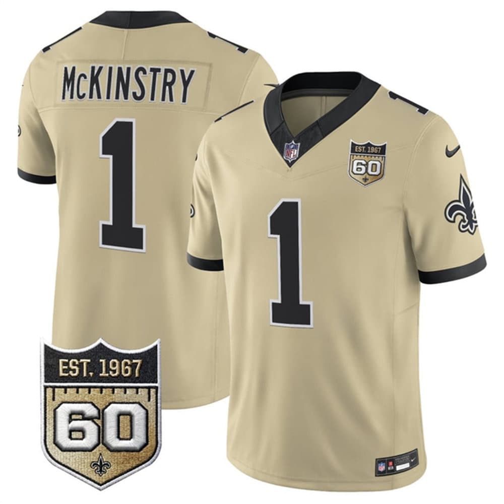 Men's New Orleans Saints #1 Kool-Aid McKinstry Gold 2026 60th Anniversary Patch Vapor F.U.S.E Limited Jersey