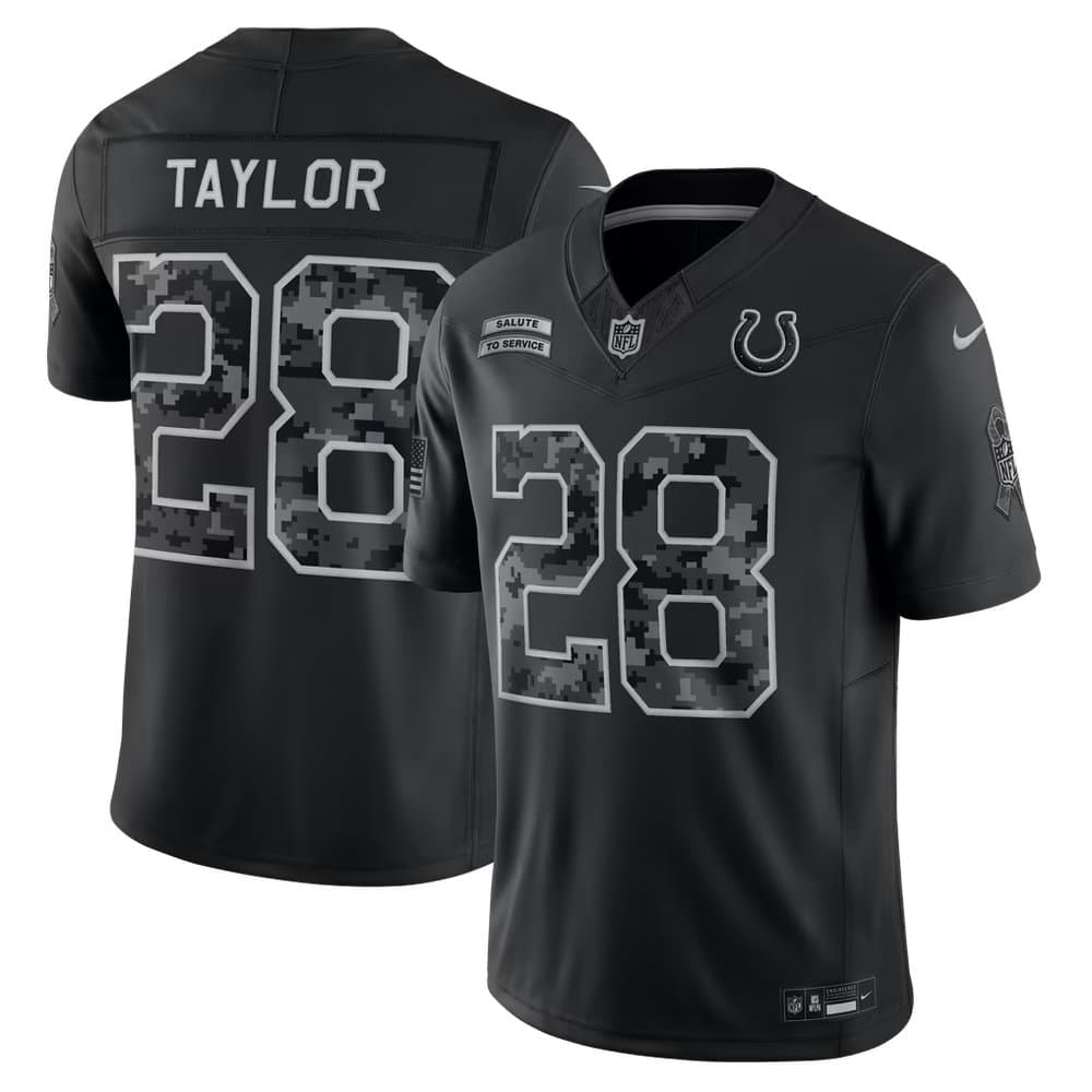 Men's Indianapolis Colts #28 Jonathan Taylor Nike Black 2026 Salute to Service Vapor F.U.S.E. Limited Jersey