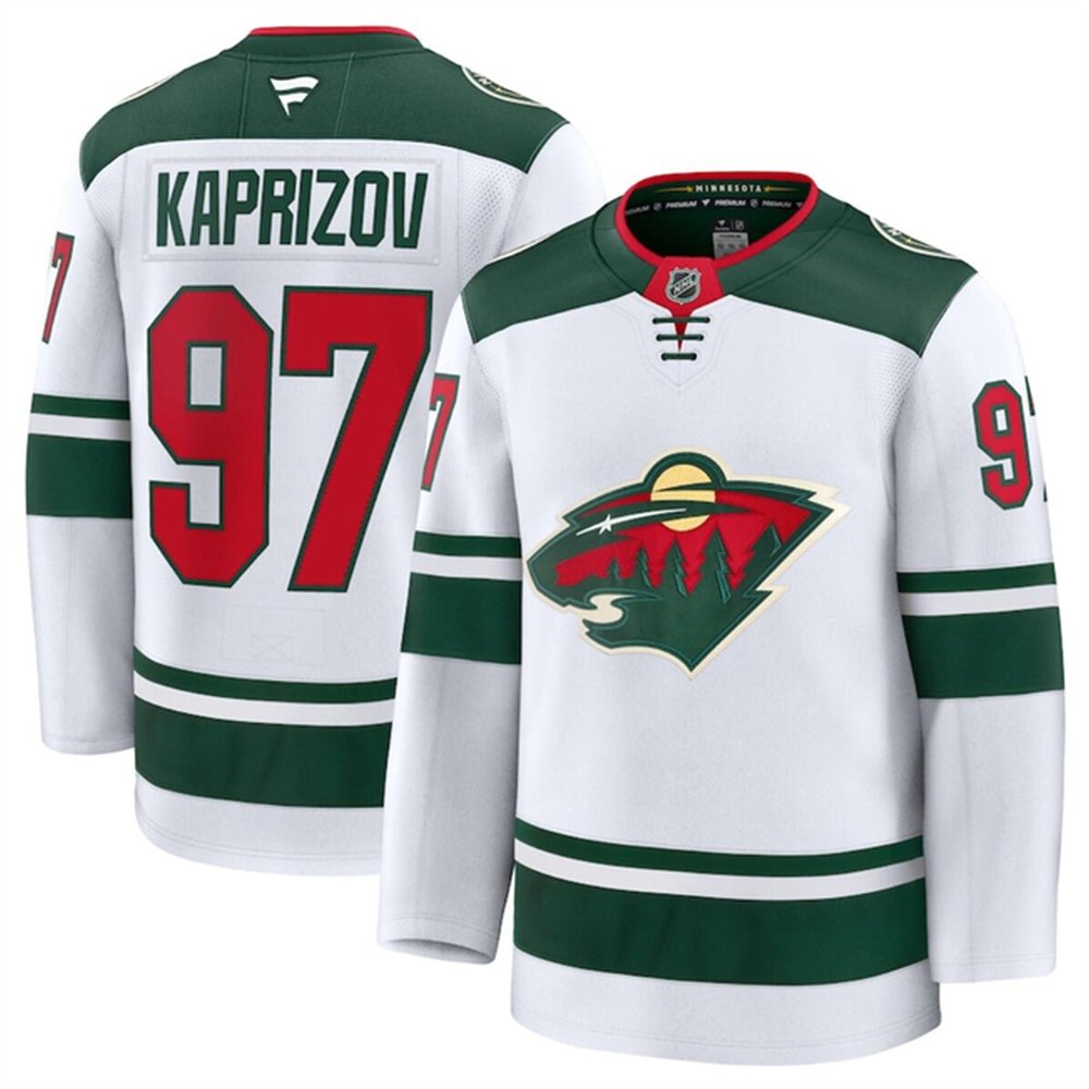 Men's Minnesota Wild #97 Kirill Kaprizov White 2024-25 Away Stitched Hockey Premium Jersey Men's Minnesota Wild #97 Kirill Kaprizov White 2024-25 Away Stitched Hockey Premium Jersey