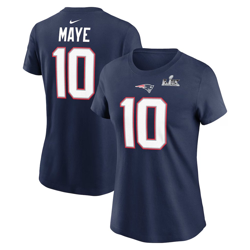 Women's New England Patriots #10 Drake Maye Navy Super Bowl LX Patch Name & Number T-Shirt Women's New England Patriots #10 Drake Maye Navy Super Bowl LX Patch Name & Number T-Shirt