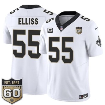 Men's New Orleans Saints #55 Kaden Elliss White 2026 With 1-Star C Patch And 60th Anniversary Patch Vapor F.U.S.E Limited Jersey Men's New Orleans Saints #55 Kaden Elliss White 2026 With 1-Star C Patch And 60th Anniversary Patch Vapor F.U.S.E Limited Jersey