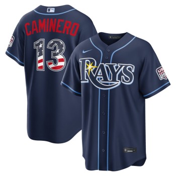 Youth Tampa Bay Rays #13 Junior Caminero Nike Navy USA 250 Fourth of July Road Stadium Jersey