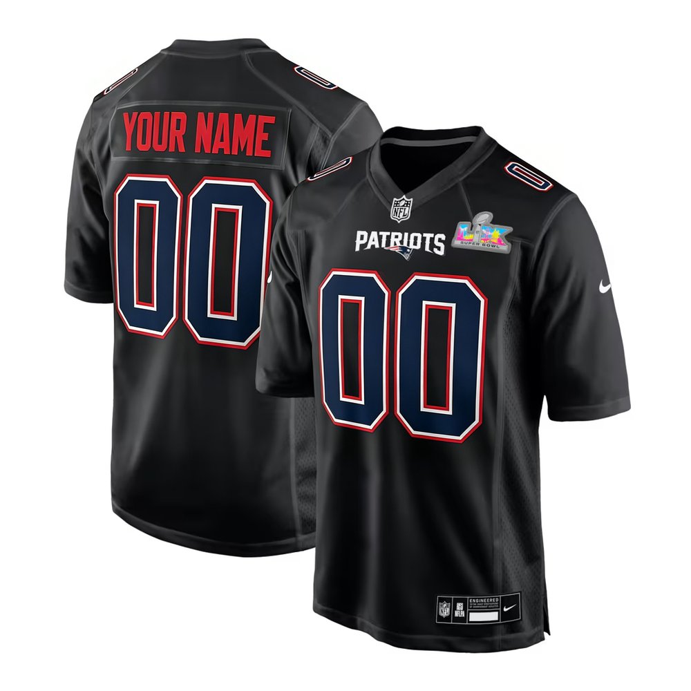 Men's New England Patriots Custom Black Super Bowl LX Patch Carbon Fashion Game Jersey