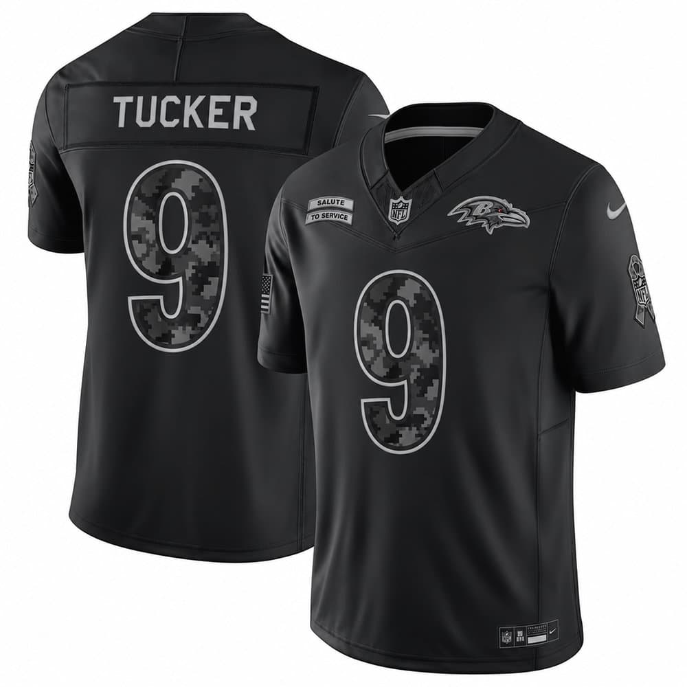 Men's Baltimore Ravens #9 Justin Tucker Nike Black 2026 Salute to Service Vapor F.U.S.E. Limited Jersey