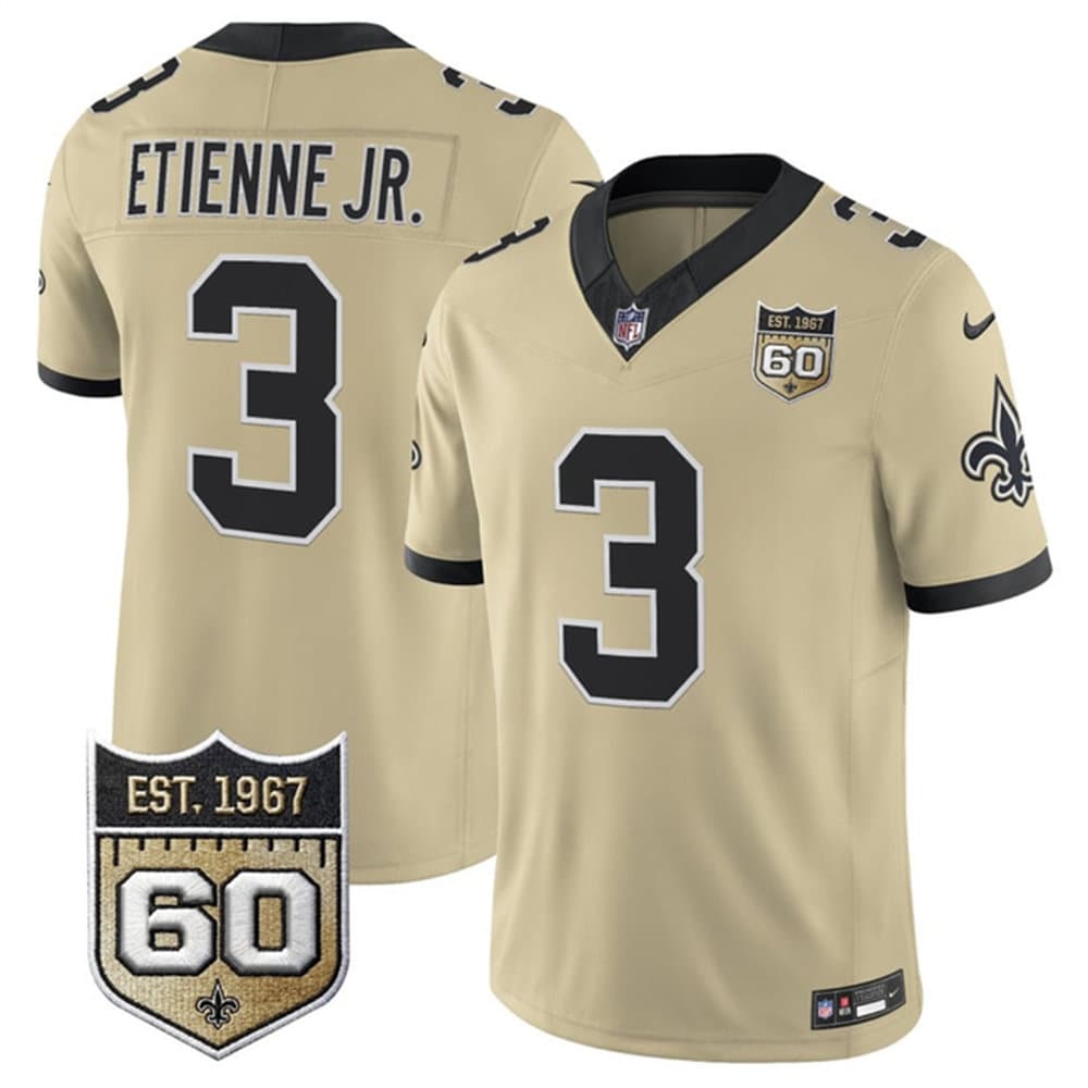 Men's New Orleans Saints #3 Travis Etienne Jr. Gold 2026 60th Anniversary Patch Vapor F.U.S.E Limited Jersey