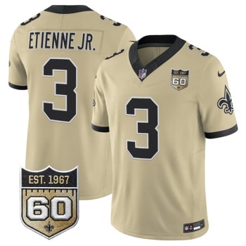 Men's New Orleans Saints #3 Travis Etienne Jr. Gold 2026 60th Anniversary Patch Vapor F.U.S.E Limited Jersey Men's New Orleans Saints #3 Travis Etienne Jr. Gold 2026 60th Anniversary Patch Vapor F.U.S.E Limited Jersey
