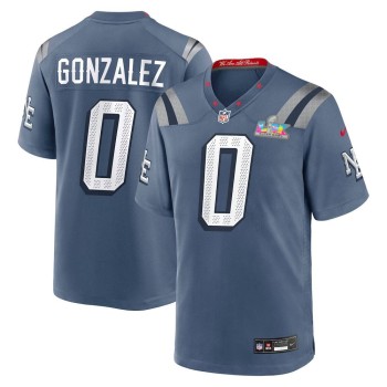 Men's New England Patriots #0 Christian Gonzalez Blue Super Bowl LX Patch Rivalries Collection Game Jersey