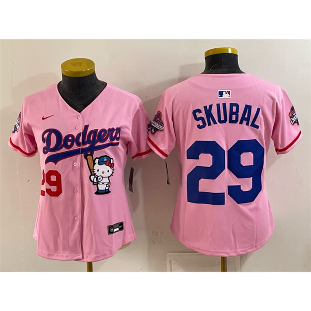 Women's Los Angeles Dodgers #29 Tarik Skubal Pink Hello Kitty Night 2025 World Series Champions Patch Jersey