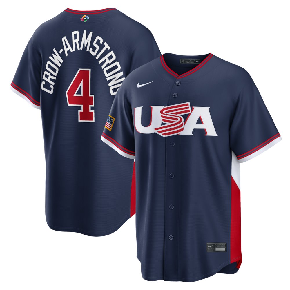 Men's USA Baseball #4 Pete Crow-Armstrong Navy 2026 World Baseball Classic Road Stadium Jersey