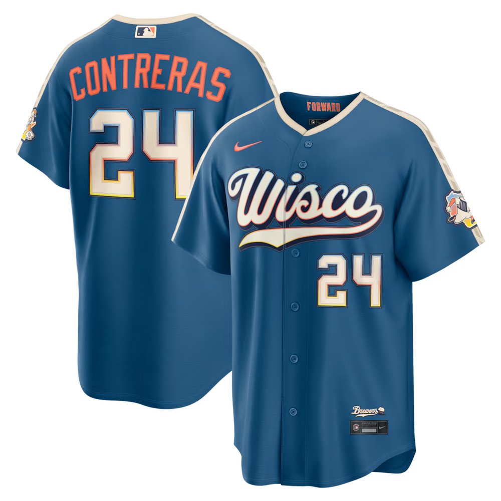 Men's Milwaukee Brewers #24 William Contreras Nike Mineral Blue 2026 City Connect Stadium Jersey