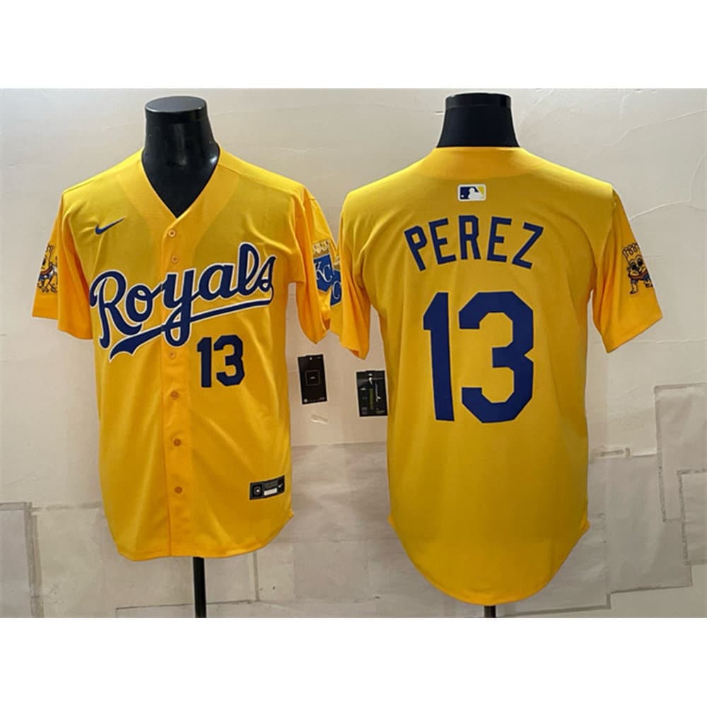 Youth Kansas City Royals #13 Salvador Perez Gold Sluggerrr Patch Vapor Limited Jersey
