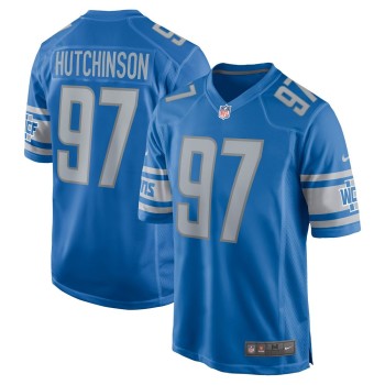 Men's Detroit Lions #97 Aidan Hutchinson Blue Player Game Jersey Men's Detroit Lions #97 Aidan Hutchinson Blue Player Game Jersey