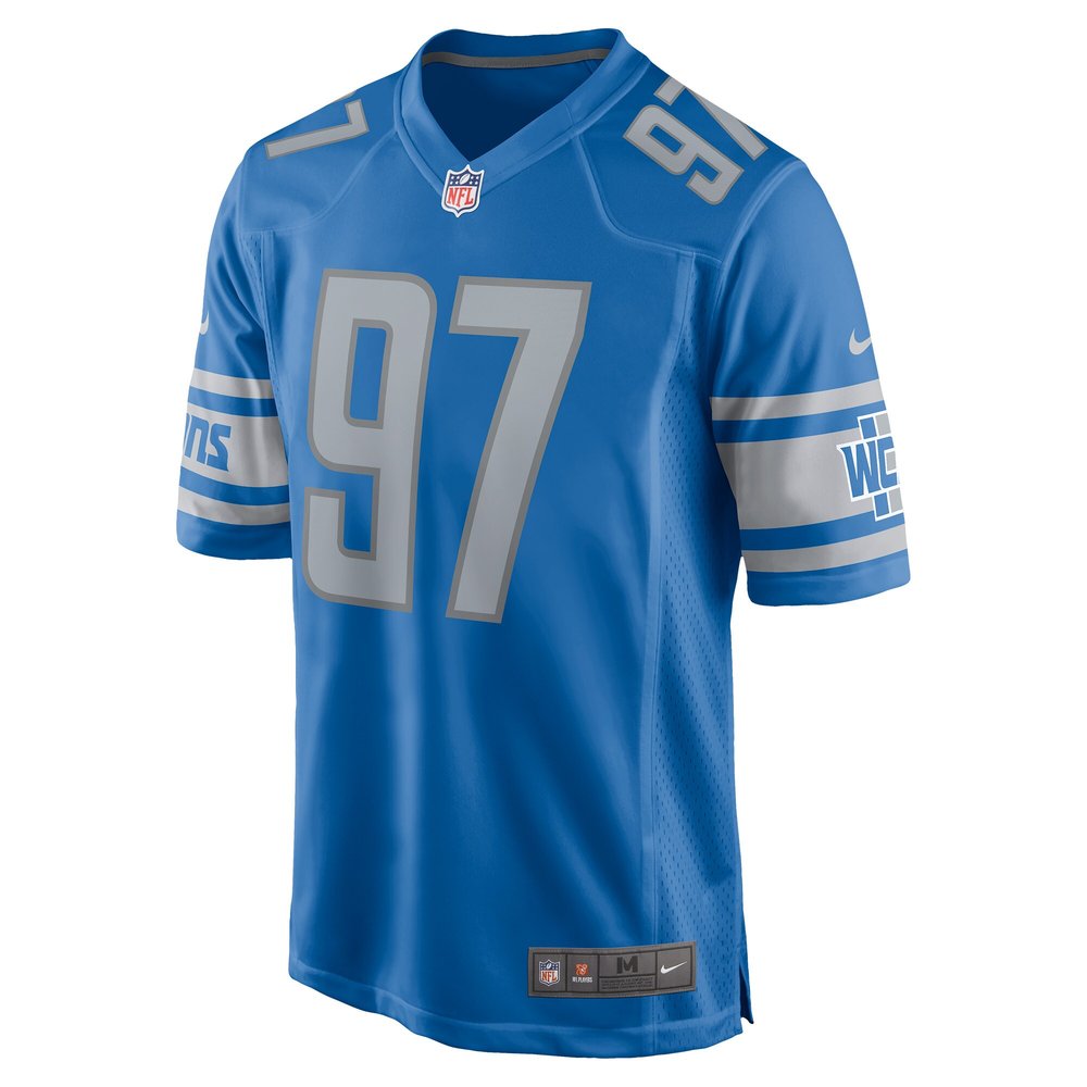 Men's Detroit Lions #97 Aidan Hutchinson Blue Player Game Jersey Men's Detroit Lions #97 Aidan Hutchinson Blue Player Game Jersey