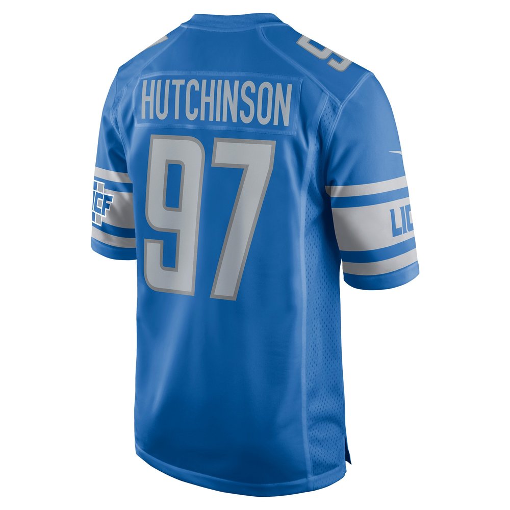 Men's Detroit Lions #97 Aidan Hutchinson Blue Player Game Jersey Men's Detroit Lions #97 Aidan Hutchinson Blue Player Game Jersey
