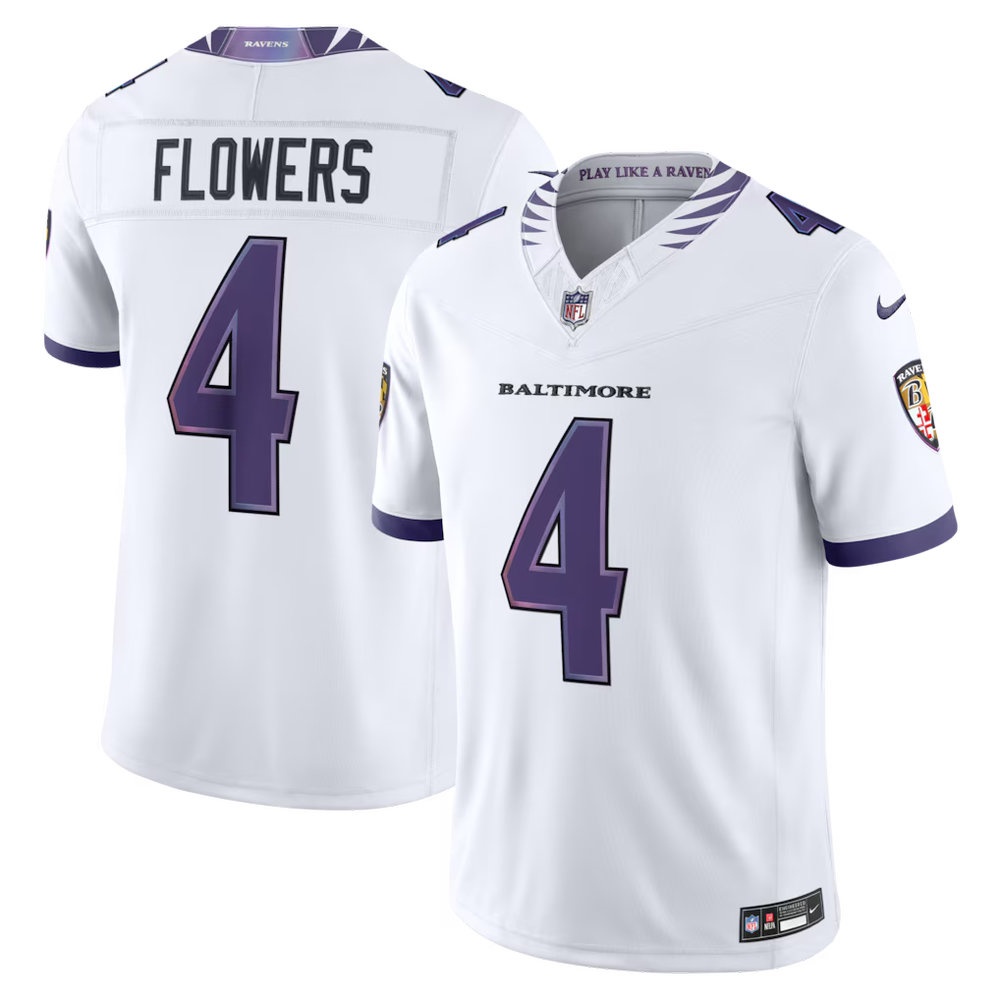 Men's Baltimore Ravens #4 Zay Flowers White Vapor F.U.S.E. Sewn Down Limited Jersey