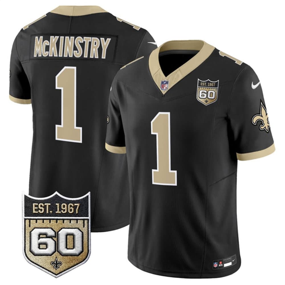 Men's New Orleans Saints #1 Kool-Aid McKinstry Black 2026 60th Anniversary Patch Vapor F.U.S.E Limited Jersey
