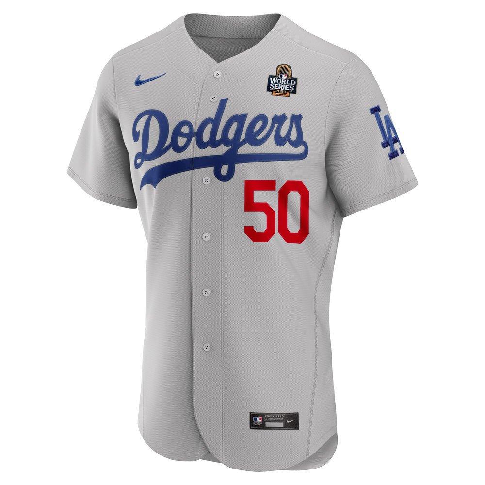 Men's Los Angeles Dodgers #50 Mookie Betts Gray 2024 World Series Alternate Authentic Player Jersey