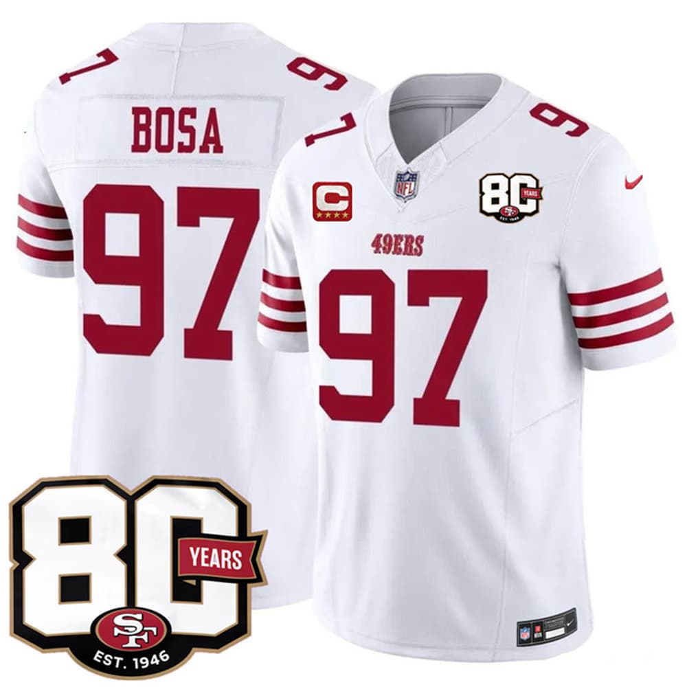 Men's San Francisco 49ers #97 Nick Bosa White 2026 With 80th Anniversary & 4-Star C Patch Vapor F.U.S.E. Untouchabl Limited Jersey