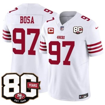 Men's San Francisco 49ers #97 Nick Bosa White 2026 With 80th Anniversary & 4-Star C Patch Vapor F.U.S.E. Untouchabl Limited Jersey