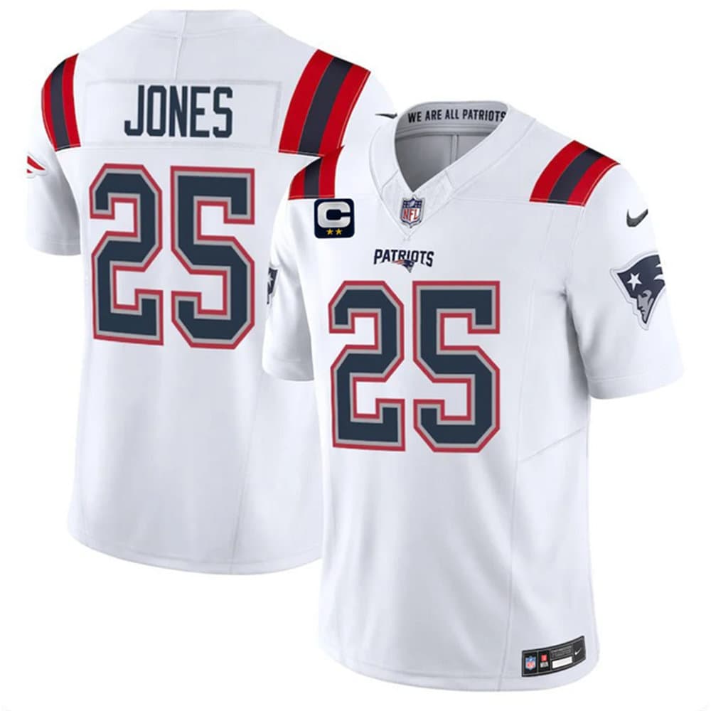 Men's New England Patriots #25 Marcus Jones White 2026 2-Star C Pach Vapor F.U.S.E. Limited Jersey