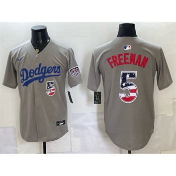 Men's Los Angeles Dodgers #5 Freddie Freeman Grey 250 Fourth of July Road Stitched Baseball Jersey