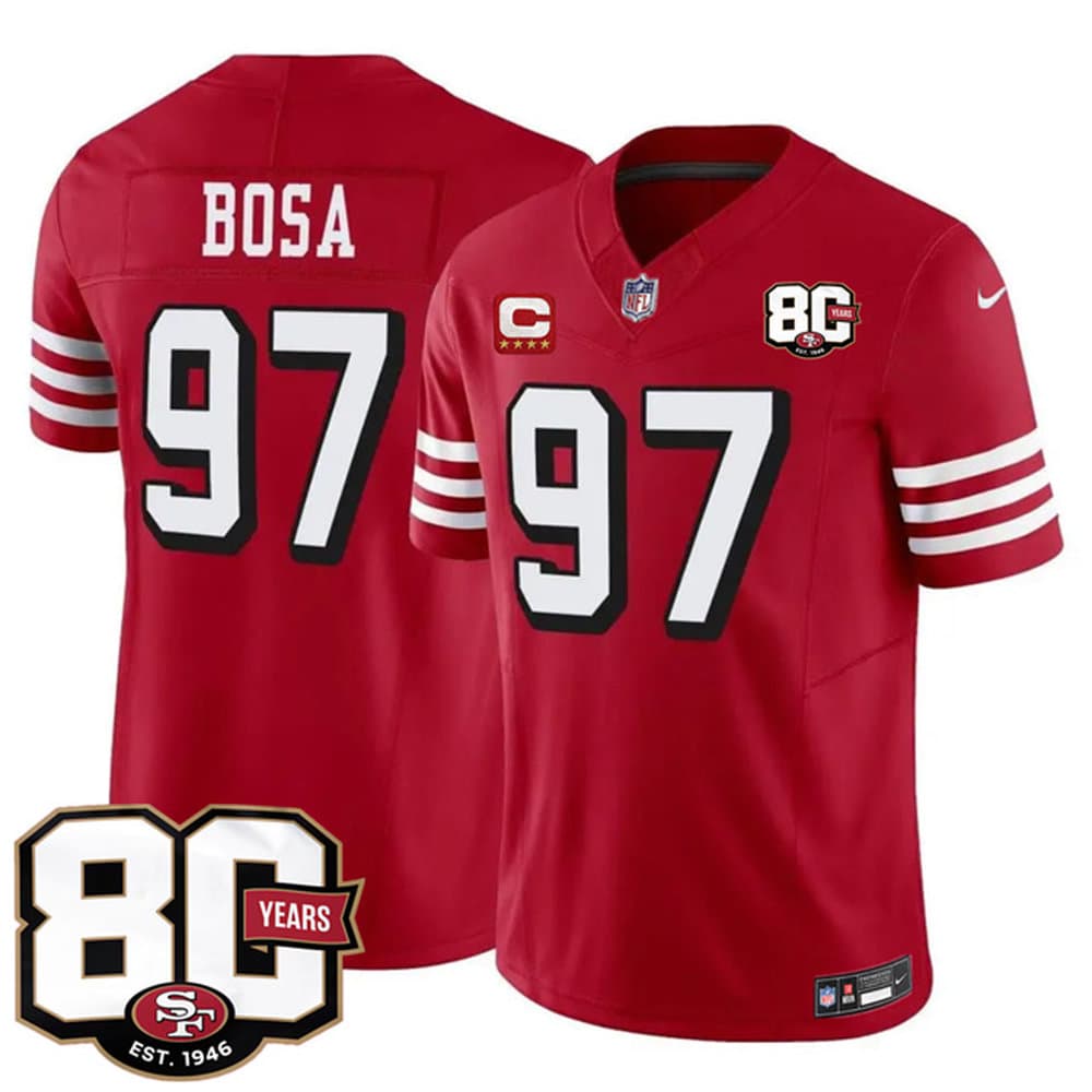 Men's San Francisco 49ers #97 Nick Bosa New Red 2026 With 80th Anniversary & 4-Star C Patch Vapor F.U.S.E. Untouchabl Limited Jersey