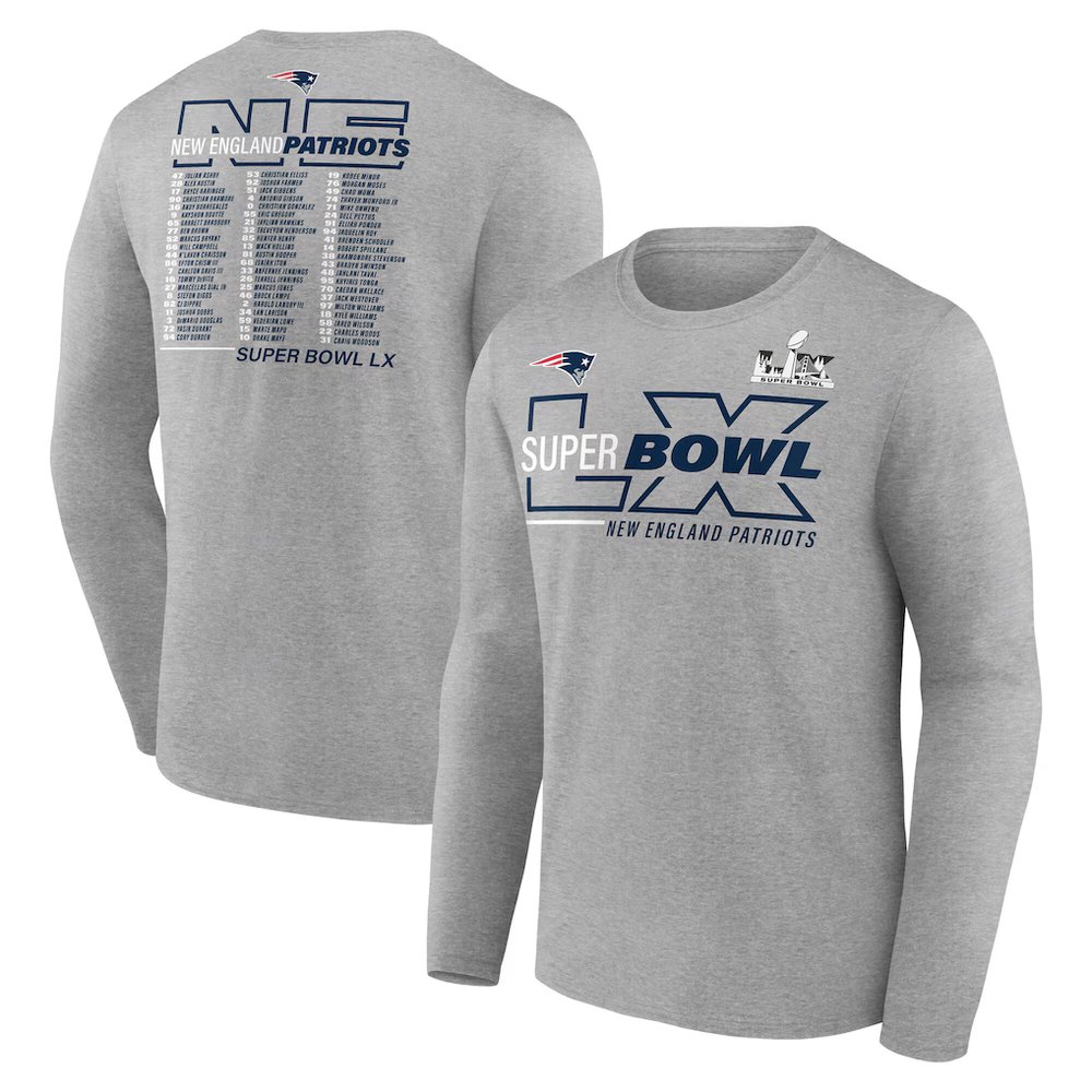 Men's New England Patriots Heather Gray Super Bowl LX Roster Long Sleeve T-Shirt Men's New England Patriots Heather Gray Super Bowl LX Roster Long Sleeve T-Shirt