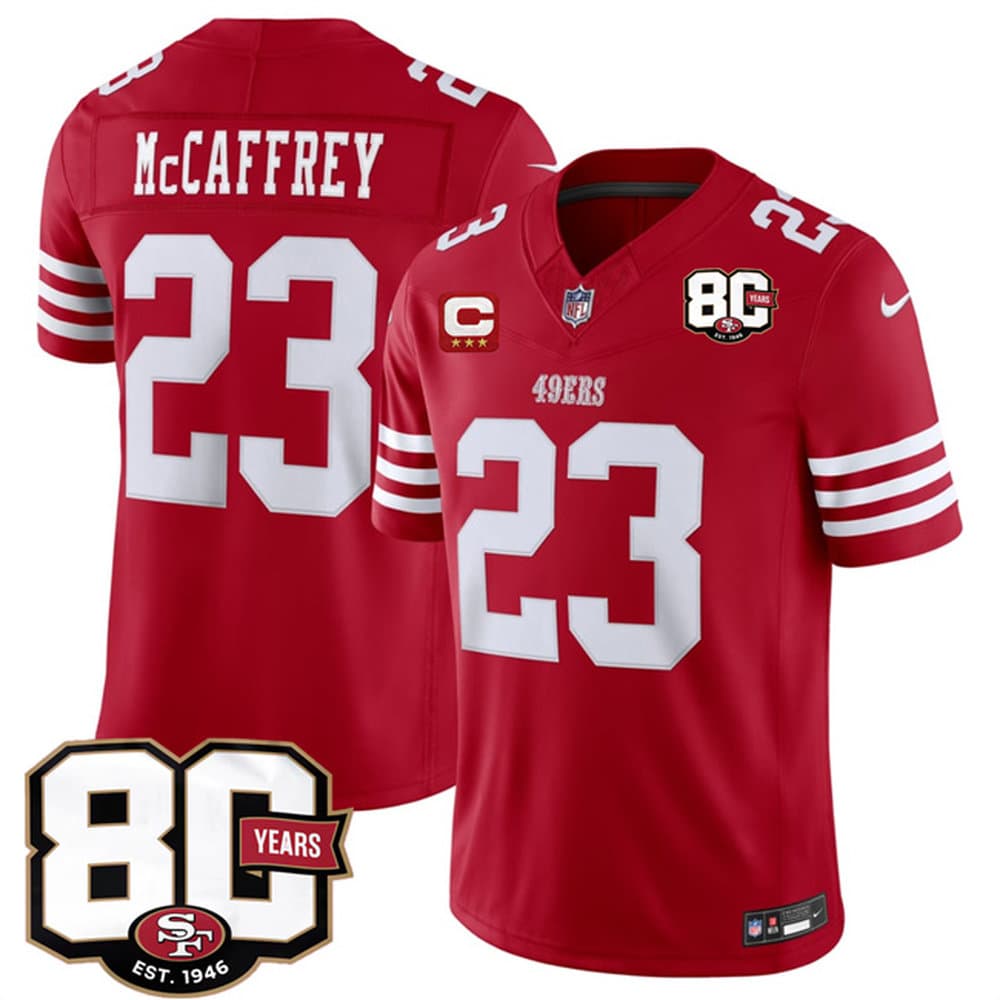 Men's San Francisco 49ers #23 Christian McCaffrey Red 2026 With 80th Anniversary & 3-Star C Patch Vapor F.U.S.E. Untouchabl Limited Jersey
