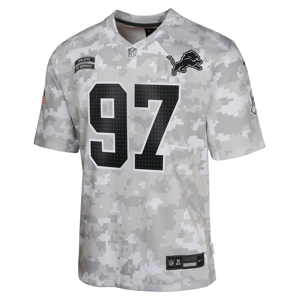 Youth Detroit Lions #97 Aidan Hutchinson Arctic Camo 2024 Salute to Service Game Jersey