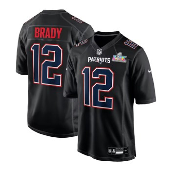 Men's New England Patriots #12 Tom Brady Black Super Bowl LX Patch Carbon Fashion Game Jersey Men's New England Patriots #12 Tom Brady Black Super Bowl LX Patch Carbon Fashion Game Jersey