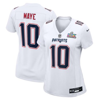Women's New England Patriots #10 Drake Maye White Super Bowl LX Patch Tundra Fashion Game Jersey Women's New England Patriots #10 Drake Maye White Super Bowl LX Patch Tundra Fashion Game Jersey