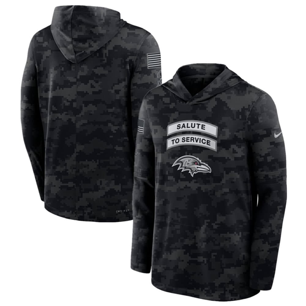 Men's Baltimore Ravens Black 2026 Salute to Service Sideline Lightweight Dri-FIT Long Sleeve Top Hoodie