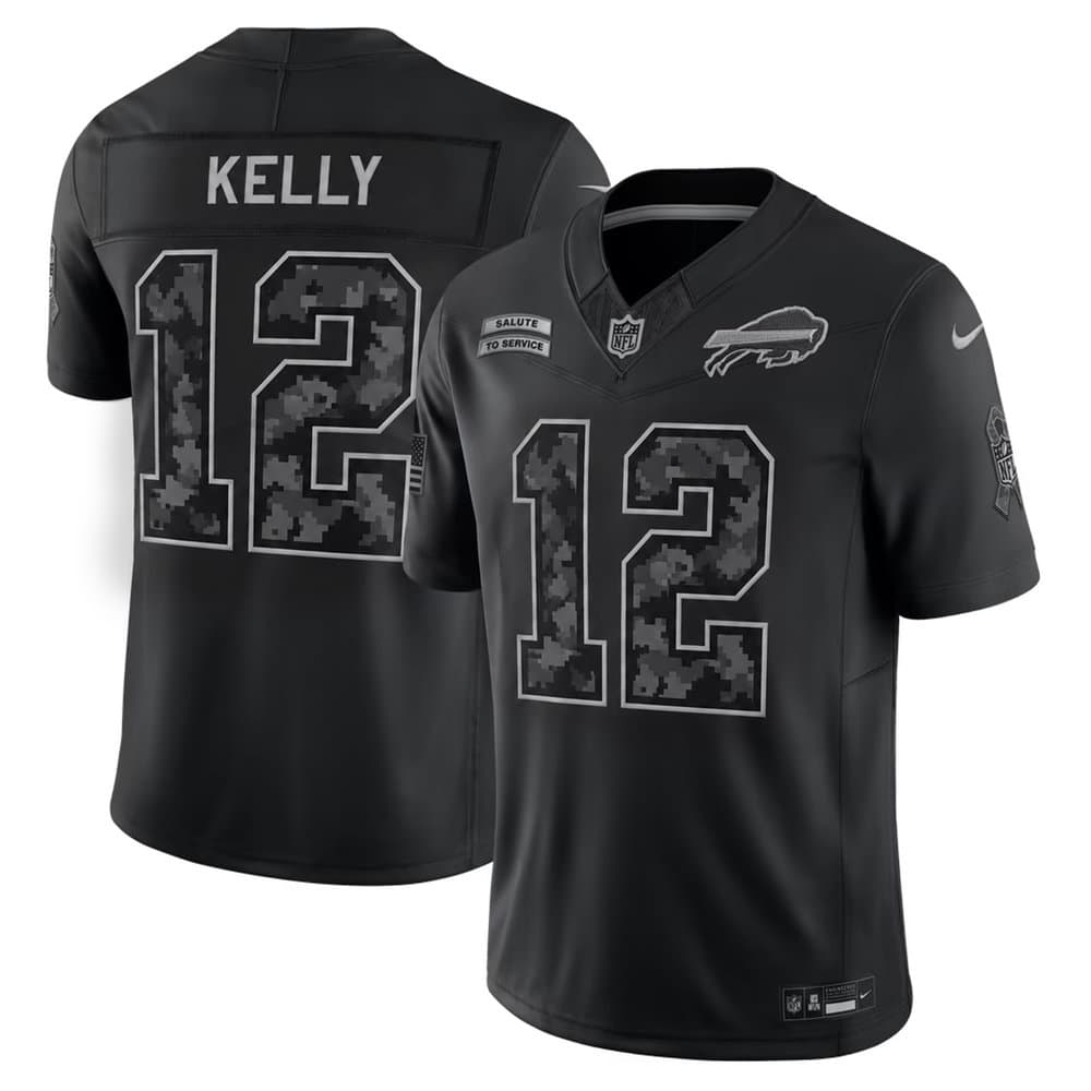 Men's Buffalo Bills #12 Jim Kelly Nike Black 2026 Salute to Service Vapor F.U.S.E. Limited Jersey